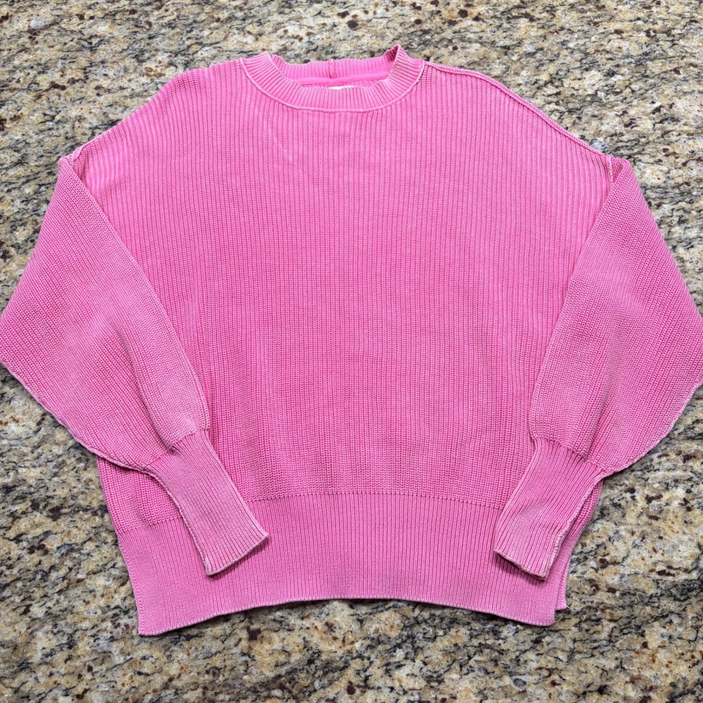 Aerie Pink Shaker Stitch Oversized Crewneck Sweater Small Balloon Sleeve